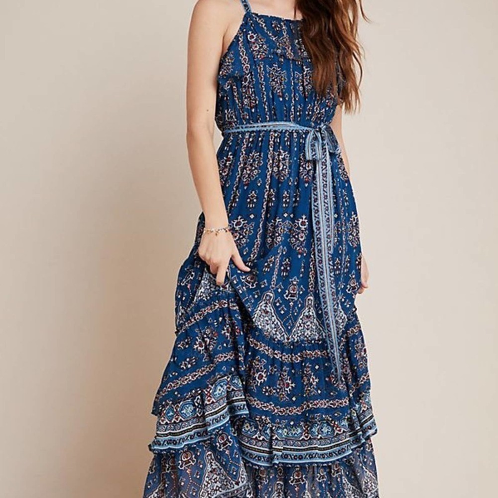 Anthropologie Sasha ruffle maxi dress blue print